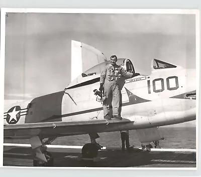 FIGHTER JET Plane AIRCRAFT CARRIER USS Hancock VINTAGE 1957 Press Photo • $35