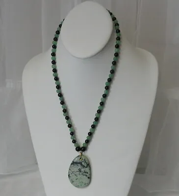 Vintage 20  Pendant Necklace Jade Green & Black Beads With Natural Stone Pendant • $59.99