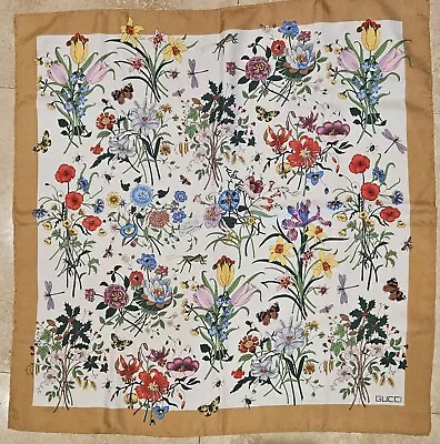 Gucci V Accornero 100% Silk Sheer Scarf Floral Signed Brown Border Vintage • $135