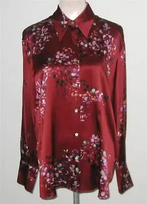 Vince Women FORSYTHIA Silk Floral Blouse Button Up L Dark Cinnamon NWT MSRP$395 • $118.99