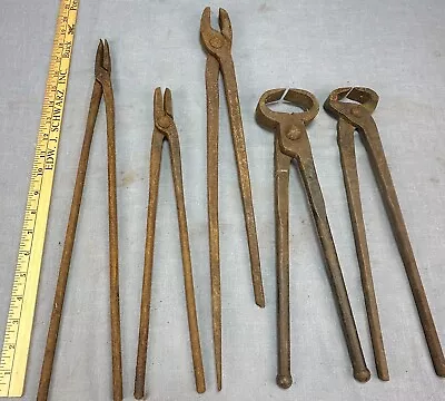 (5) Antique Mixed Hand Forged 1800's Blacksmith's Tools Tongs 14 -20  • $39.99