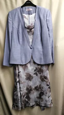 Ladies JACQUES VERT Periwinkle & Taupe Floral Dress W/ Jacket UK22 - CG E09 • £11.50