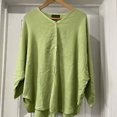 Hampstead Bazaar Tunic Top One Size Boho Arty Lagenlook Lime Green Button Up • £49