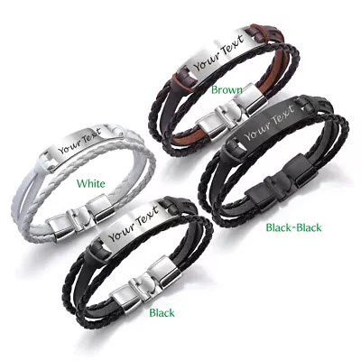 Personalised Engraved Mens Leather Bracelet Birthday Wedding Father's Day Gift • £7.99