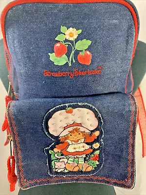 VINTAGE STRAWBERRY SHORTCAKE Backpack Blue Glitter Denim Pocket Zip  2003 Clean • $19