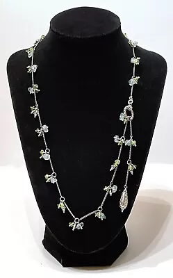 Green Bead Station Sterling Silver Lariat Necklace With Ornate Pear Shaped Drop • $12