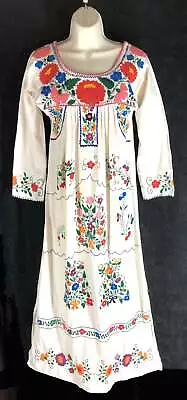 Vintage Mexican Dress Sz S Heavy Cotton Embroidered Floral Long Sleeve Maxi • $39.99