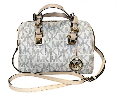 Michael Kors Beige Signature Coated Canvas/ Leather Grayson Bag Gently Used • $119.99