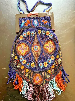 Antique Micro Beaded Evening Bag Egyptian Revival Stunning 18  Long • $299.99