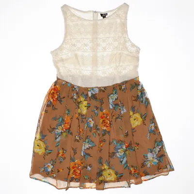 Deb Fit & Flare Dress Size 18 Plus Womens Pleated Lined Beige Tan Floral Zipper • $19.96
