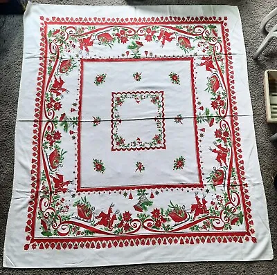 $23.50 • Buy Vintage Christmas Tablecloth Nice Red Green Gidts Sleigh Snowman Bells & More