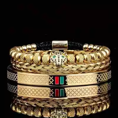 3pc Stainless Steel Bracelet Set Men Pave Leopard Head Luxury Fashion Jewelry • $19.99