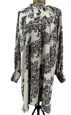 H&M Dress Womens XL Beige Floral Satin High Neck Midi Drapey Slouchy Oversized • $31