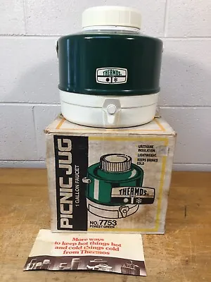 Vintage THERMOS PICNIC JUG Cooler Faucet 1 Gallon Camping Box 7753 Forest Green • $15