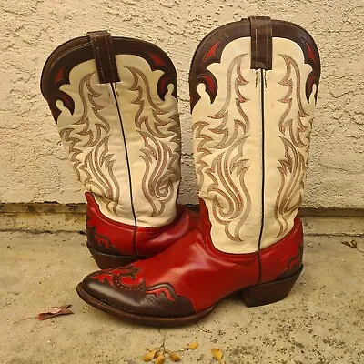 Nocona Fancy Inlay Exotic Red Wingtip Premium Goat Cowboy Boots 11 1/2 B • $250