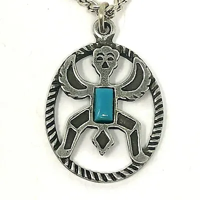 Thunderbird Dancer Necklace 24in Turquoise VTG Nickel Silver Fred Harvey Era • $14.94