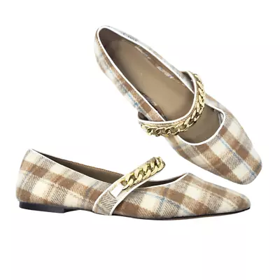 Ann Taylor Mary Jane Flats Plaid Chain Shoes Gold Chain Neutral Cream Size US 8 • $50