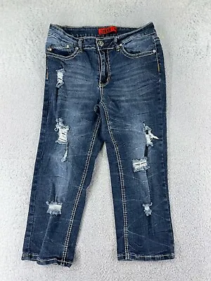 Zanadi Pants Womens 8 Blue Denim Jeans Capri Distressed Ramie Blend Embroidered • $15.94