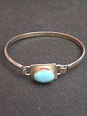 Sterling Silver 925 Oval Turquoise Latch Bangle Bracelet Mexico • $41.99