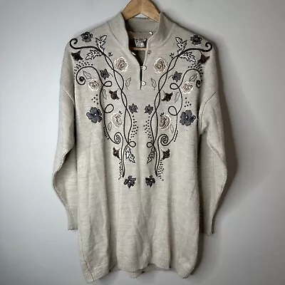 Vintage Escada By Margaretha Ley Embroidered Tunic Wool Long Sweater Sz 36 Large • $72.99