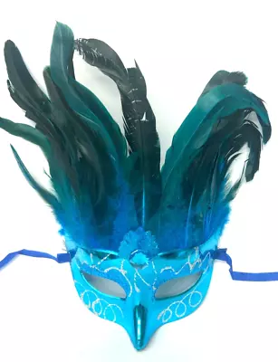 (TURQUOISE) Metallic Mardi Gras LONG FEATHERED Plastic Glitter MASK (CLOSEOUT) • $2.06