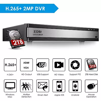 ZOSI H.265+ 16 Channel 1080p DVR Recorder 2TB  For CCTV Security Camera System • $135.14