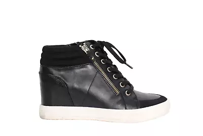 Steve Madden Women's Size 7.5 Black Wedge Sneaker Zip Up Laces High-Top Shoes • $39.95