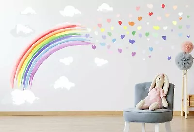 PASTEL WATERCOLOUR Rainbow & Hearts Wall Stickers Decal Art Decor Girls Bedroom • £0.99