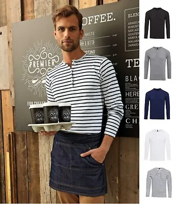 Mens Long Roll Sleeve Barista Shirt Top Henley Grandad Collarless Button Breton • £15.50