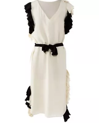 Vionnet Off White Silk Shift Dress With Black Ruffles 42 6 Nwt $2350 • $278