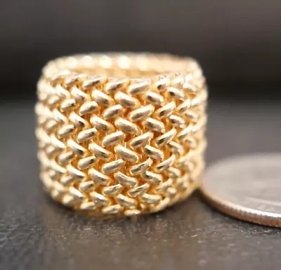 Yellow Gold Over 925 Sterling Silver Wide Mesh Flex Ring Italy 1599 AR Size 6 !! • $149.99