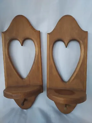 Wooden Shelf  Hook /Candle Sconce Pair Rustic Heart Cutout Brown 15 X6  • £18.79