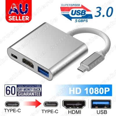 $13.39 • Buy Type C To HDMI 4K USB 3.0 USB-C 3 In 1 Hub Adapter Cable For Apple Android Mac