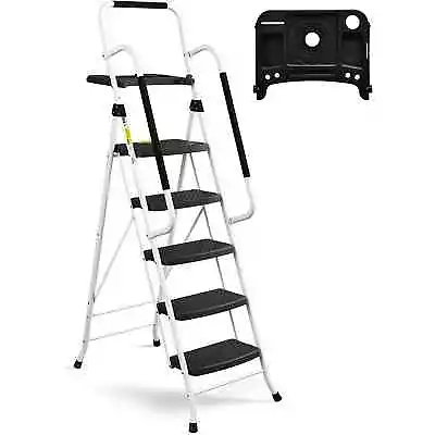 HBTower HBT-W-SL-5-0017-WH Folding 5-Step Ladder 330lbs With Handrails And • $124