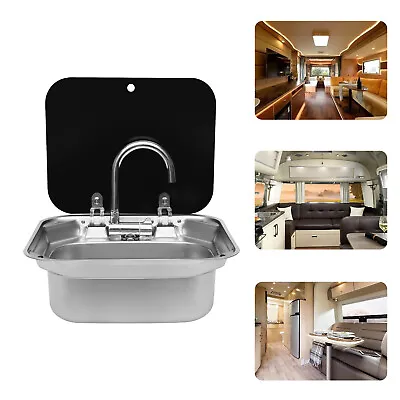 Stainless Steel RV Kitchen Sink Caravan Camper Hand Wash Basin Sink W/Lid&Faucet • $150.10