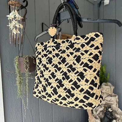 MAGID Black & Cream Bohemian Lined Beach Straw Shoulder Bag • $16