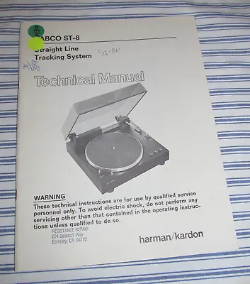 Harman Kardon Rabco ST-8 Service Manual (Original Paper) • $28