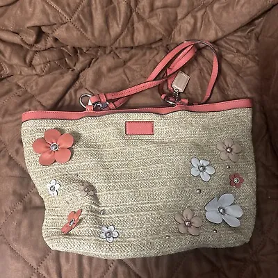 Coach #F 29861 Natural Straw Handbag Tote Leather Flowers/Peach NWT • $99.99