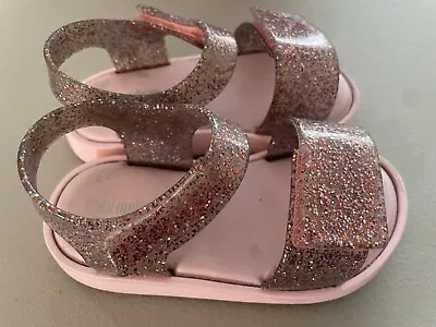 Mini Melissa 2 Strap Sandal Pink Glitter Sandal Toddler Size 8 Hook Loop Closure • $17.88