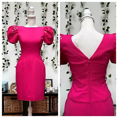 Vintage 80s 90s Pink Mini Dress Puff Sleeves Sequins Party Cocktail XS/S • $64.99