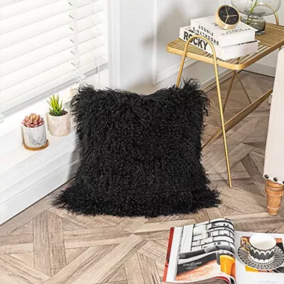 1X Real Mongolian Tibetan Lamb Fur Cushion Cover Seat Pillowcase Black 18x18inch • $17.99