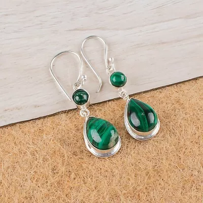 Anniversary Gift For Her Natural Malachite Gemstone Earrings 925 Sterling Silver • $13.95