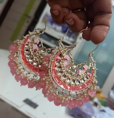 Bollywood Style Indian Kundan Enameled Pink Bali Hoop Earrings Jewelry Set • $29.99