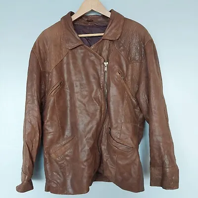 Mens Vintage 80s Brown Leather Jacket Zip Front (diagonal) Size XL XXL Chest 50 • $43.55