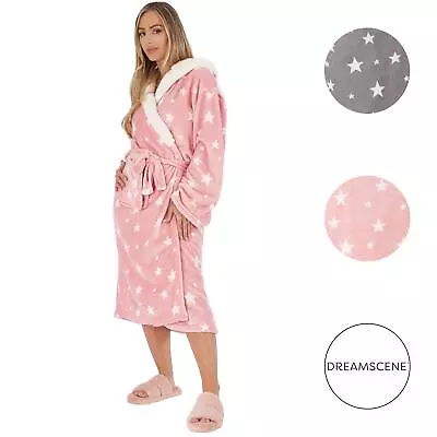 Star Dressing Gown Fleece Sherpa Lined Hooded Soft Flannel Womens Sleep Bathrobe • £9.99