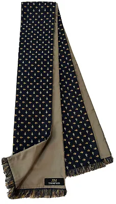 $23.20 • Buy Jim Thompson Two-Sided Scarf With Fringe Blue Brown Elephant Excellent Condition
