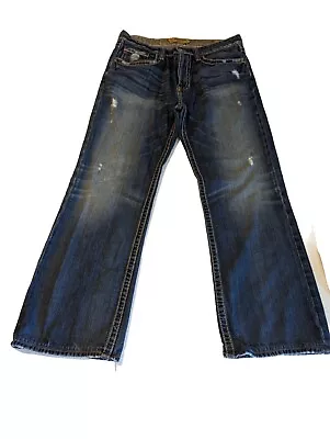 Big Star Mens Jeans Size 34R Blue Denim Pioneer Boot Cut Regular Distressed • $31.95