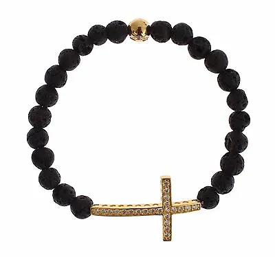 £117.80 • Buy NIALAYA Women's Lava Stone Gold Clear CZ Cross 925 Silver Bracelet S XS