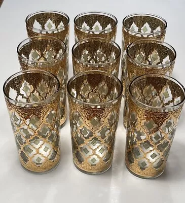 MCM Set Of 9 Culver Valencia Highball Glasses W 22K Gold & Green Diamond Pattern • $200
