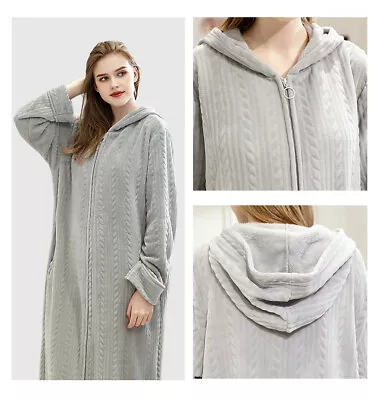 HOT Women Homewear Front Zipper Bathrobe Hooded Robe Dressing Gown Long Fleece • £39.59